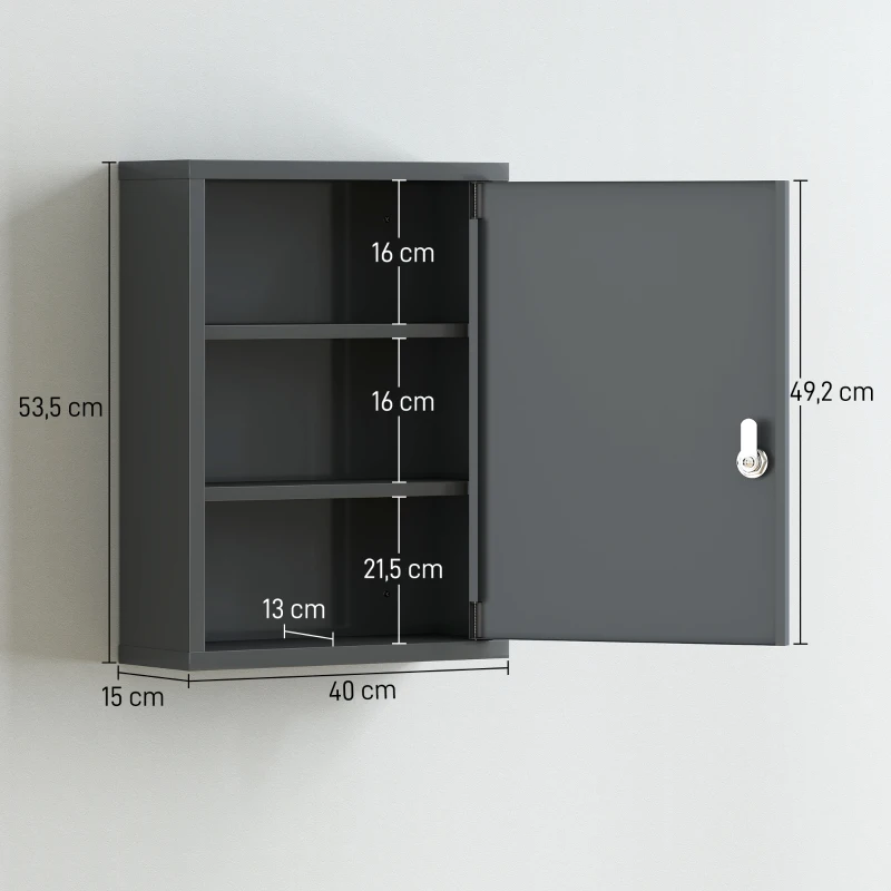 kleankin Medizinschrank zur Wandmontage mit Schloss, 3-stufiger Stahl-Wandschrank, 40 x 15 x 53,5 cm, Kohlegrau