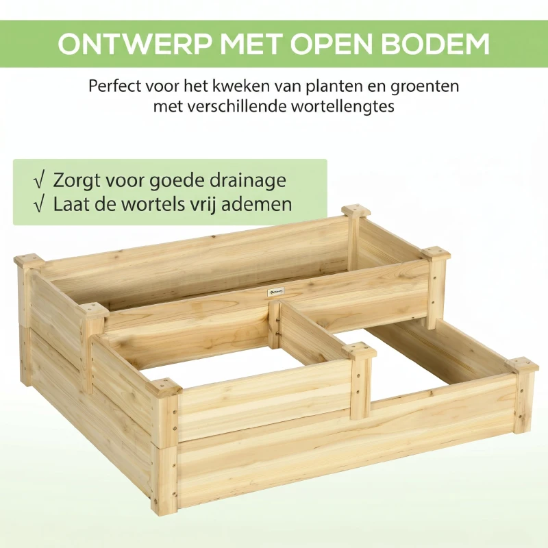Outsunny Verhoogd bed met 3 plantenbakken, 3-laags ontwerp, open bodem, 108 cm x 88 cm x 36 cm, naturel