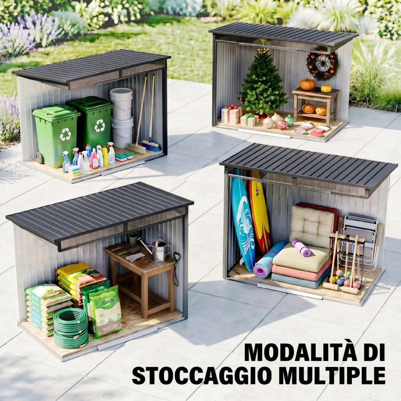 Outsunny Casetta da Giardino Porta Attrezzi con 4 Finestre e 2 Ganci, in Acciaio Zincato, 195x122x181.5 cm, Grigio