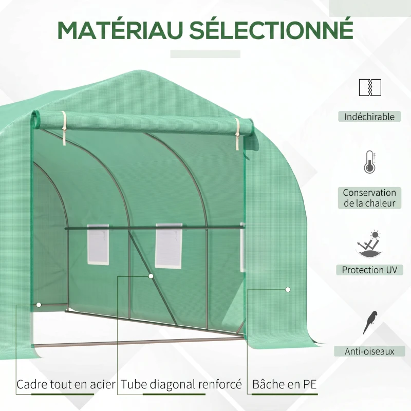 Outsunny Serre tunnel de jardin 4,5 x 3 x 2 m grande taille 6 fenêtres vert