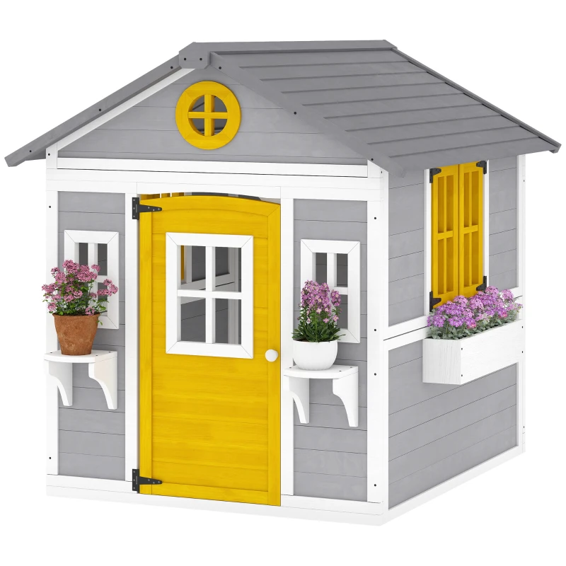 Outsunny Wooden Playhouse with Doors, Windows, Plant Pots, Boxes, for 3-8 Years - Grey