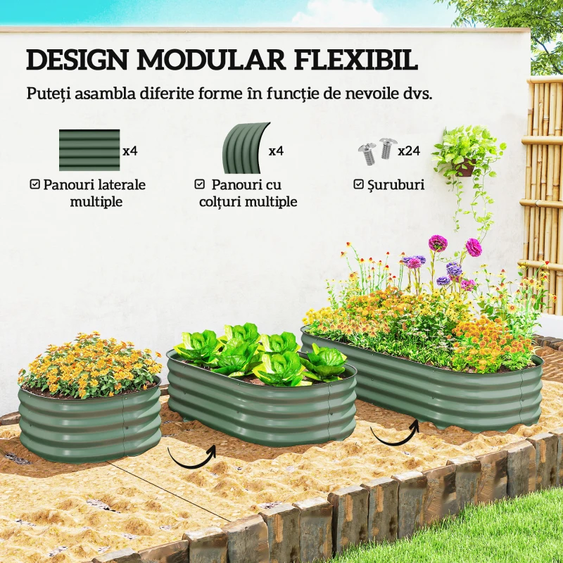 Outsunny Pat modular pentru grădină înălțată 150x62x30cm din oțel galvanizat cu bază deschisă, verde