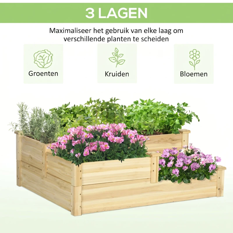 Outsunny Verhoogd bed met 3 plantenbakken, 3-laags ontwerp, open bodem, 108 cm x 88 cm x 36 cm, naturel