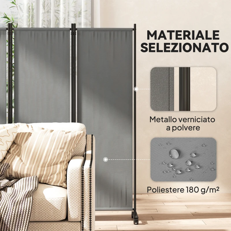 Outsunny Paravento da Esterno e Interno a 4 Pannelli Pieghevole con Ruote, 221x50x172cm, Grigio Scuro