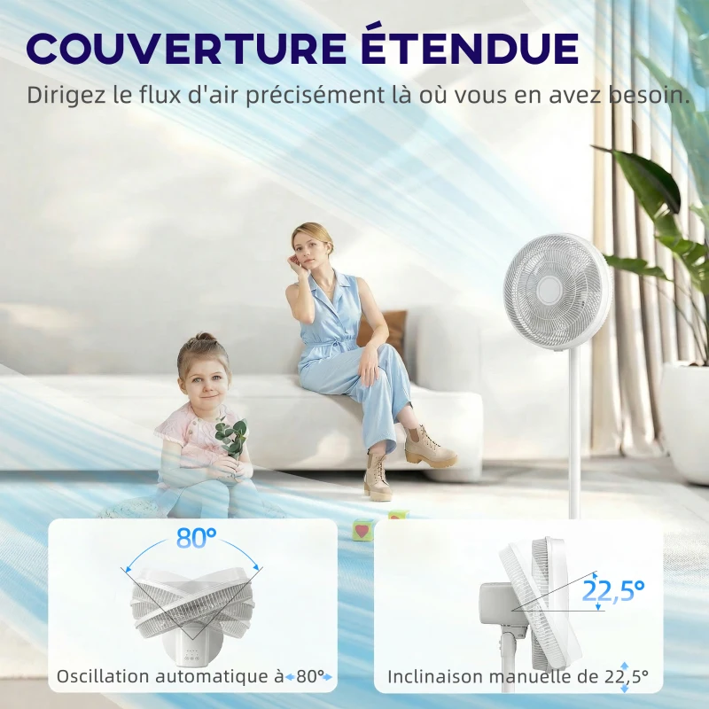 HOMCOM Ventilateur sur pied, ventilateur silencieux avec oscillation à 80°, hauteur réglables, 4 vitesses, minuterie 10H, blanc