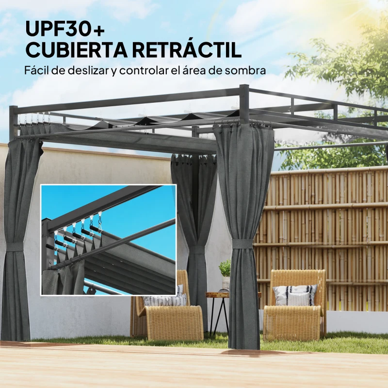 Outsunny Pérgola de Jardín 3x3 m con Techo Retráctil y Cortinas Protección UV30+ Estructura Metálica para Patio Terraza Gris