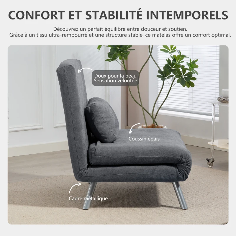 HOMCOM Fauteuil convertible 1 place, fauteuil-lit clic-clac 3 en 1 avec dossier réglable, oreiller, assise large, gris foncé