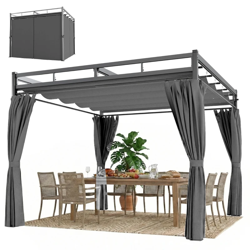 Outsunny Pérgola de Jardín 3x3 m con Techo Retráctil y Cortinas Protección UV30+ Estructura Metálica para Patio Terraza Gris