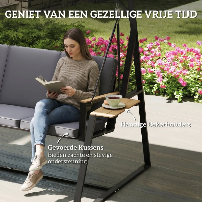 Outsunny 3-persoons tuinschommel met verstelbaar dak, kussens en drankhouders, 360 kg draagkracht, Grijs