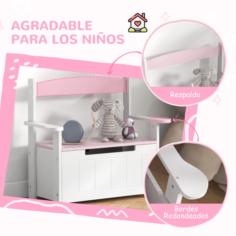AIYAPLAY Banco Almacenaje para Niños con Respaldo Tapa Amortiguadora Carga 30 kg para Salas de Juego 68,5x34x58 cm Rosa y Blanco