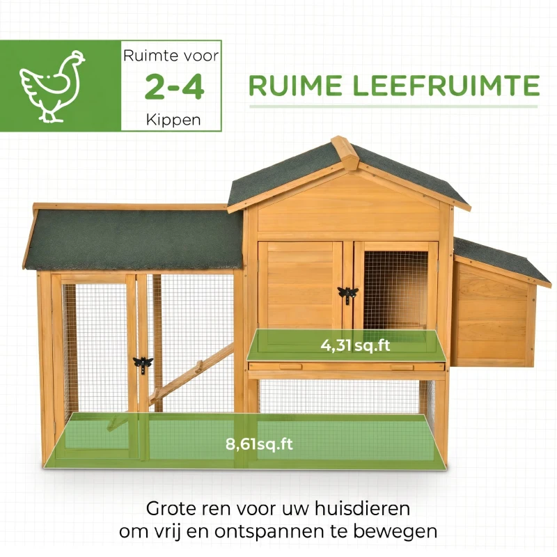 PawHut kippenhok kippenhok met ren pluimveehok met roede raam nestkast dennenhout geel + groen 168x75x103 cm(m-4)