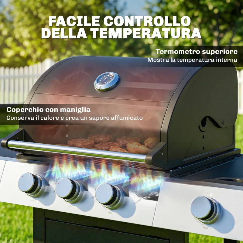 Outsunny Barbecue a Gas con 3 Fuochi e Bruciatore Laterale, 109x50x109 cm, Nero