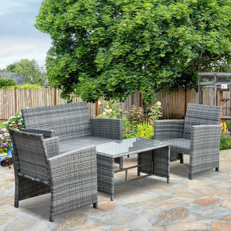 Outsunny Ensemble Salon de Jardin 4 Places : canapé, 2 fauteuils et Table Basse Plateau Verre trempé résine tressée Imitation rotin Gris Coussins Crème