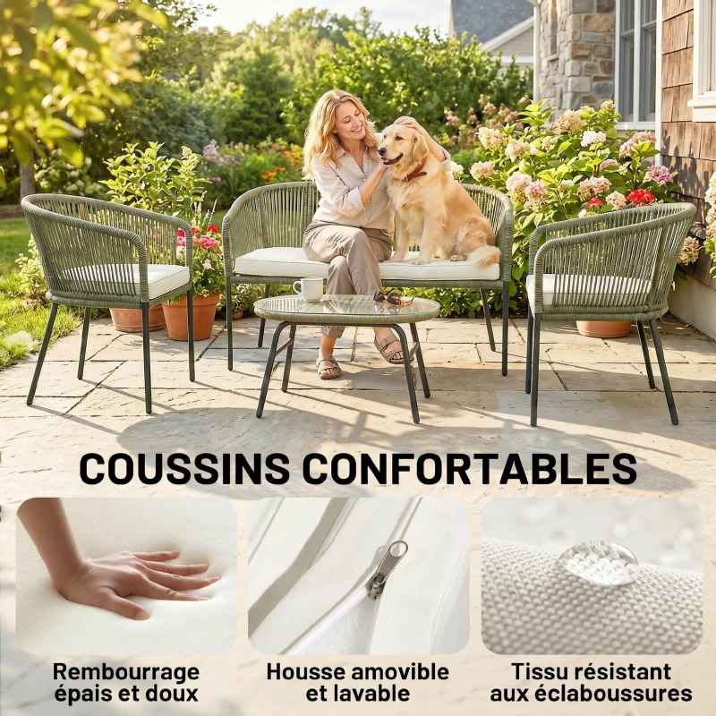 Outsunny Salon de Jardin Extérieur 4 Places Canapé 2 Places 2 Fauteuils et Table Basse Verre Trempé PP Rond Tressé Crème