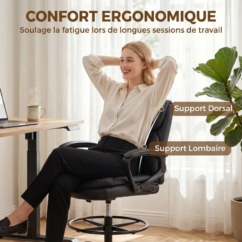 HOMCOM Chaise bureau ergonomique, chaise de dessin réglable en hauteur, repose-pieds réglable, 61 x 61 x 108 cm, noir