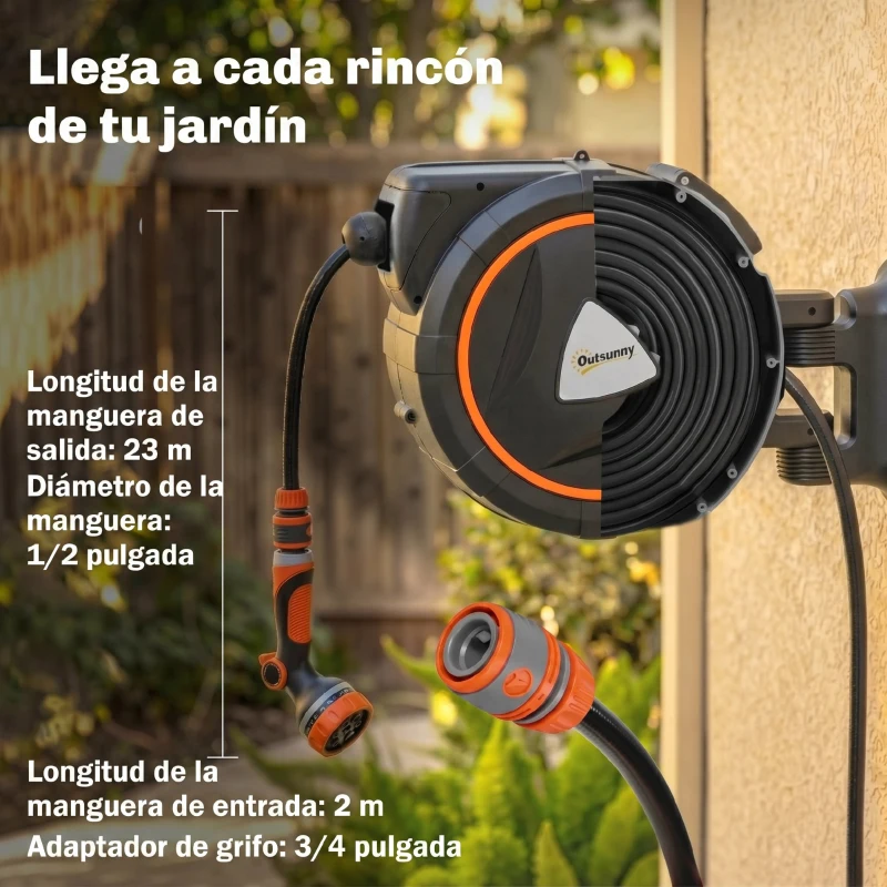 Outsunny Carrete de Manguera Retráctil 23+2 m con 12 Modos de Rociado Bloqueo Automático Retracción Controlada Soporte Naranja