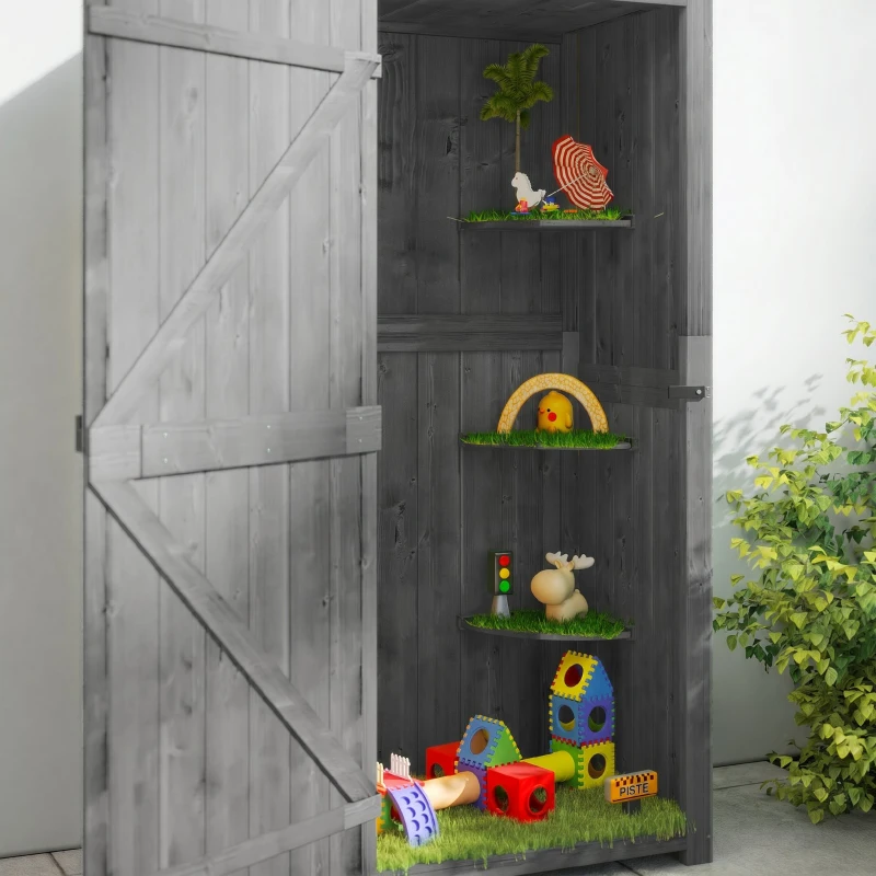 Outsunny Armoire de jardin extérieur abri de jardin en bois abri pour outils 3 étagères 2 Portes loquets Toit Pente bitumé rangement et stockage extérieurs 77 x 54 x 179 cm Sapin traité Gris