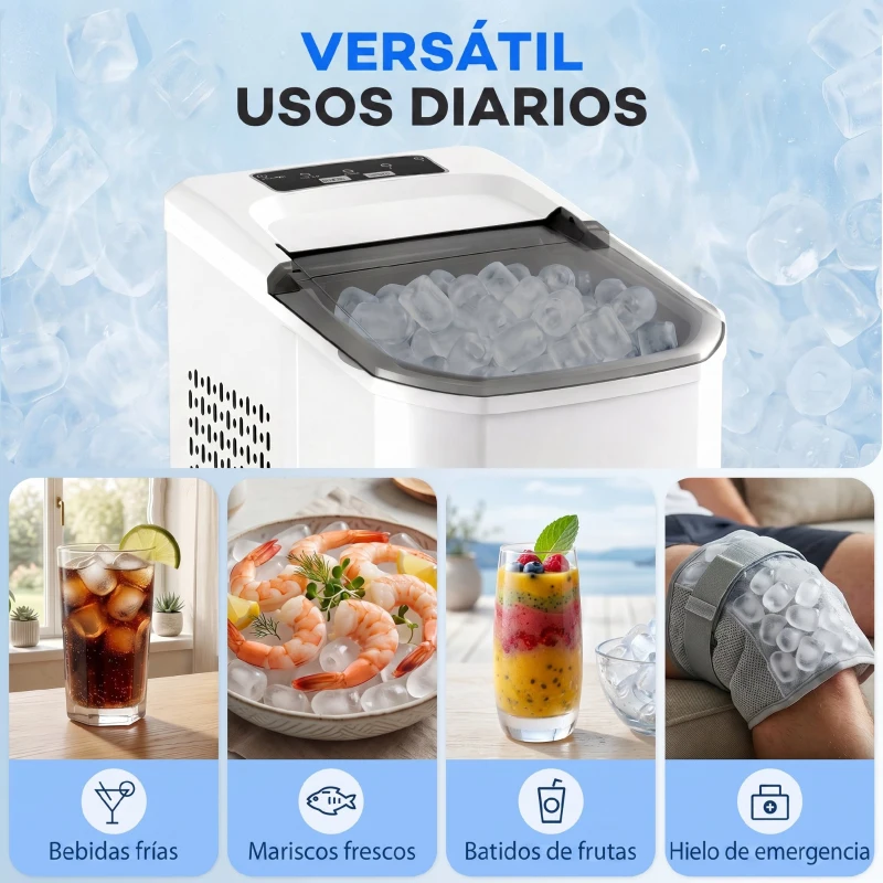 HOMCOM Máquina de Hielo Autolimpiable 12 kg/24H 9 Cubitos Listos en 7 Minutos 2 Tamaños de Hielo 1,5L Depósito Blanco