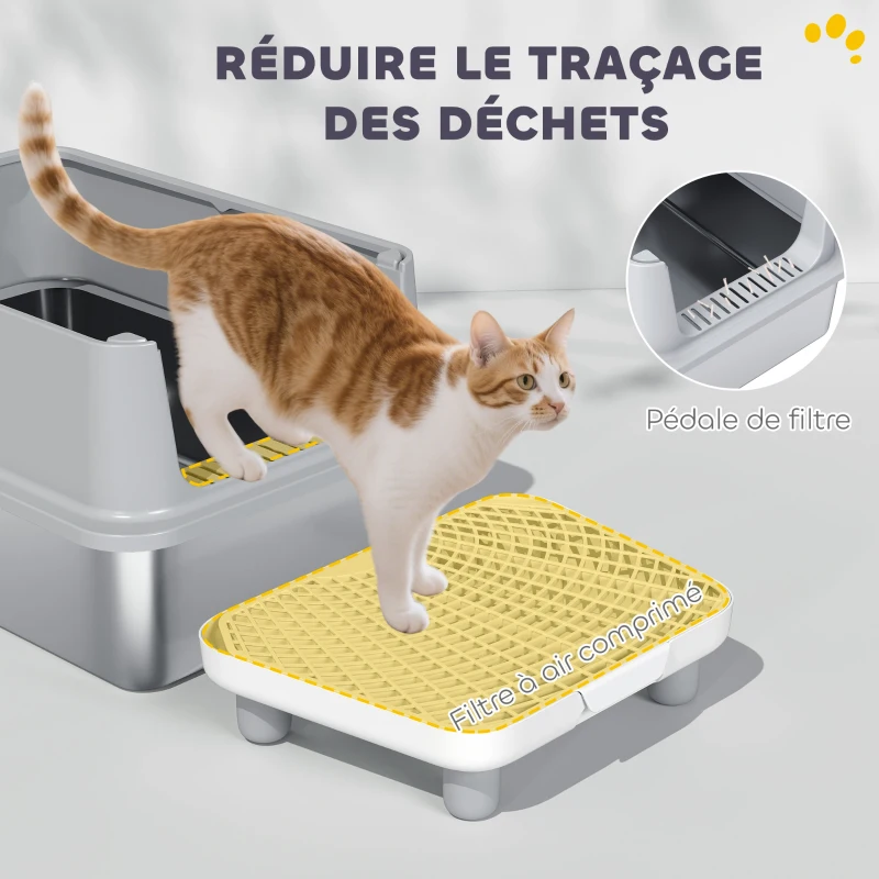 PawHut Bac à Litière XL en Acier Inoxydable, Parois Latérales Hautes, Pédale et Tapis Filtrants, Pelle, 60,2x40,2x29,6cm, Gris