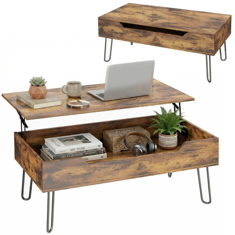 HOMCOM Mesa de Centro con Tapa Elevable Compartimento Oculto Patas de Acero 95x50x40 cm Marrón Rústico