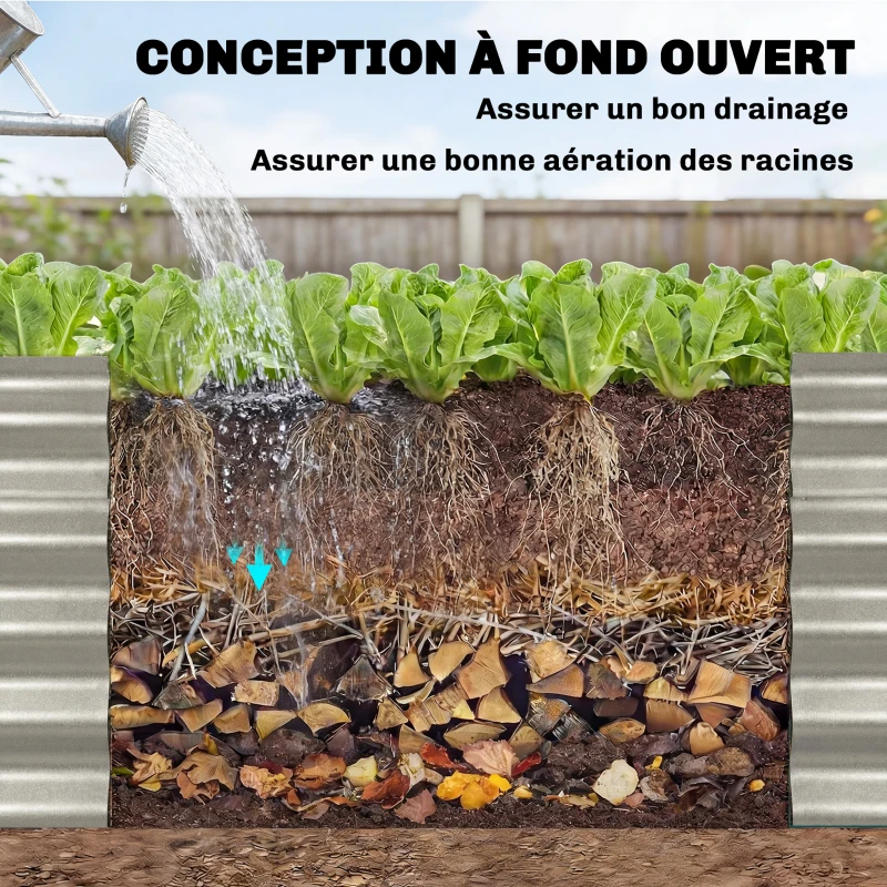 Outsunny Carré potager potager surélevé acier galvanisé barres de soutien et plaques d'angle fond ouvert 240x40x45cm gris argenté