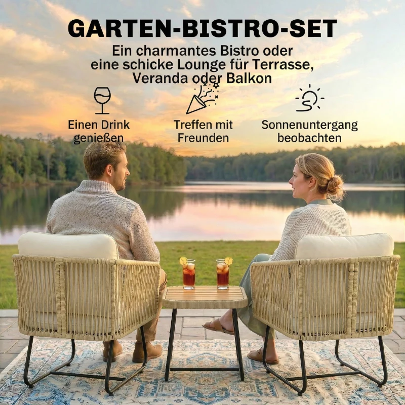 Outsunny Rattan Bistroset 3 teiliges FSC Gartenmöbel-Set mit 2 Sessel, Lamell-Holztisch, dicke waschbare Kissen Stahlrahmen