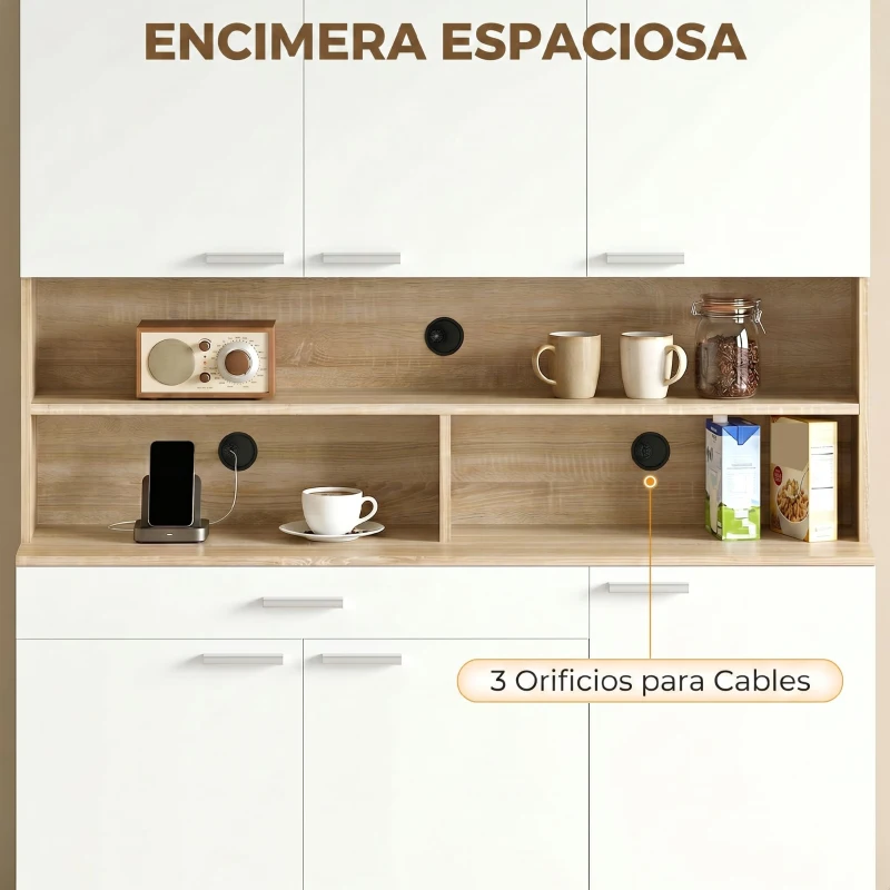 HOMCOM Alacena de Cocina Alta con 6 Puertas y Gran Cajón Estantes Encimera Amplia para Microondas 120x40x175 cm Blanco