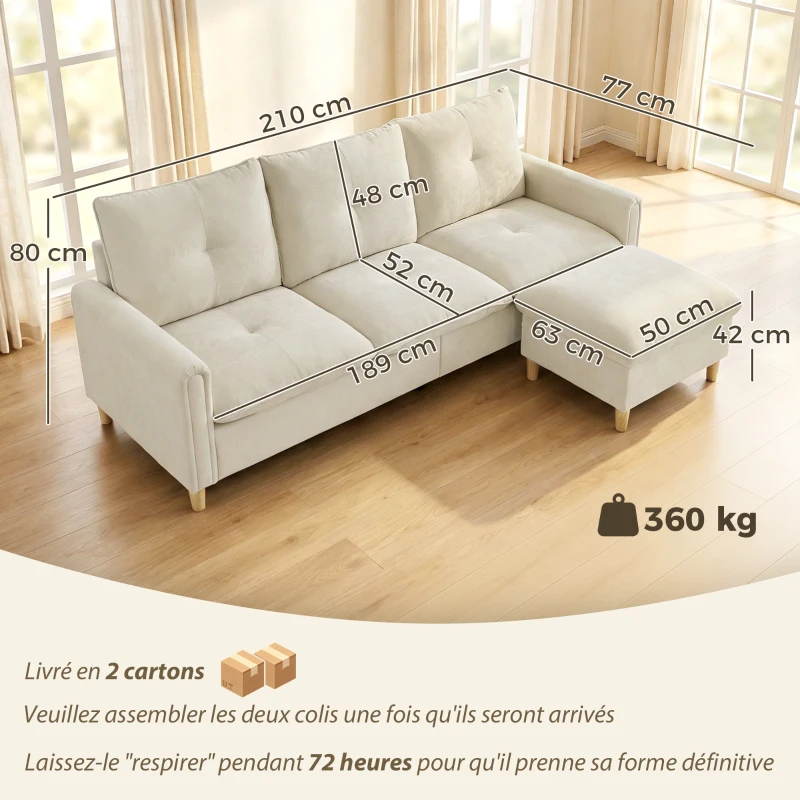 HOMCOM Canapé 3 places avec pouf de rangement, canapé d'angle modulable 210 cm, assise large, tissu aspect lin, crème