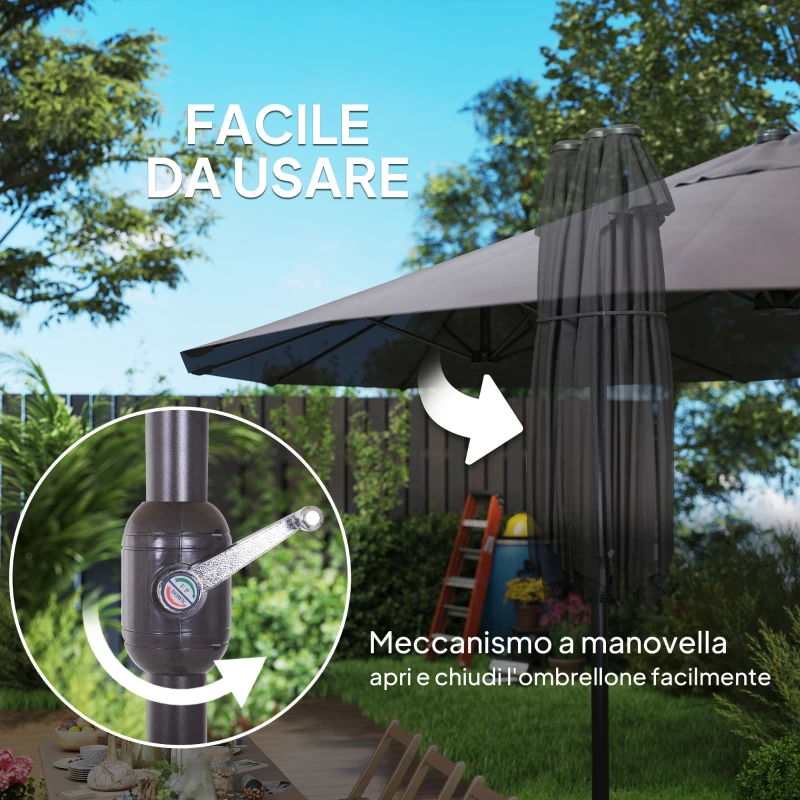 Outsunny Ombrellone da Giardino Doppio da Giardino 4.6x2.7 m a 12 Stecche con Prese d'Aria e Manovella, Ombrellone per Esterno in Acciaio e Poliestere, Anti UV, per Balcone e Terrazza, Grigio