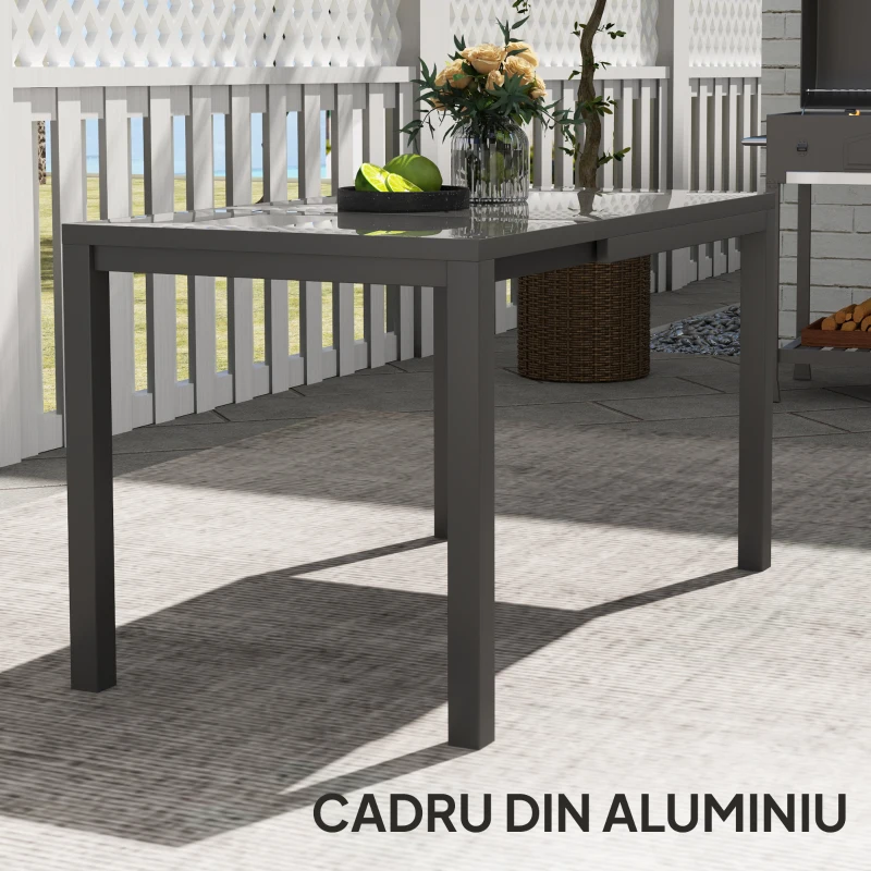Outsunny Masă de Grădină Extensibilă 85/125 x 70 x 73 cm, Masă de Dining pentru 4-6 Persoane, Dreptunghiulară, din Aluminiu cu Blat din Sticlă, Pentru Patio Terasă Balcon Exterior, Gri Închis