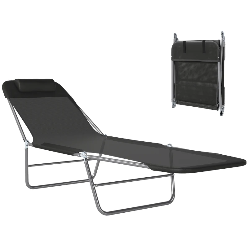 Outsunny Folding Sun Lounger, Texteline Reclining Sun Bed with 5 Position Adjustable Backrest, Headrest, Black