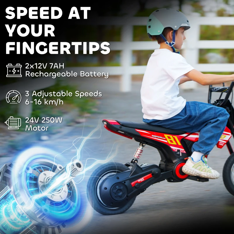 AIYAPLAY Moto électrique enfants 24V, moteur 250W, vitesse 6,4-16 km/h, pour enfants 8-12 ans, suspension arrière, rouge