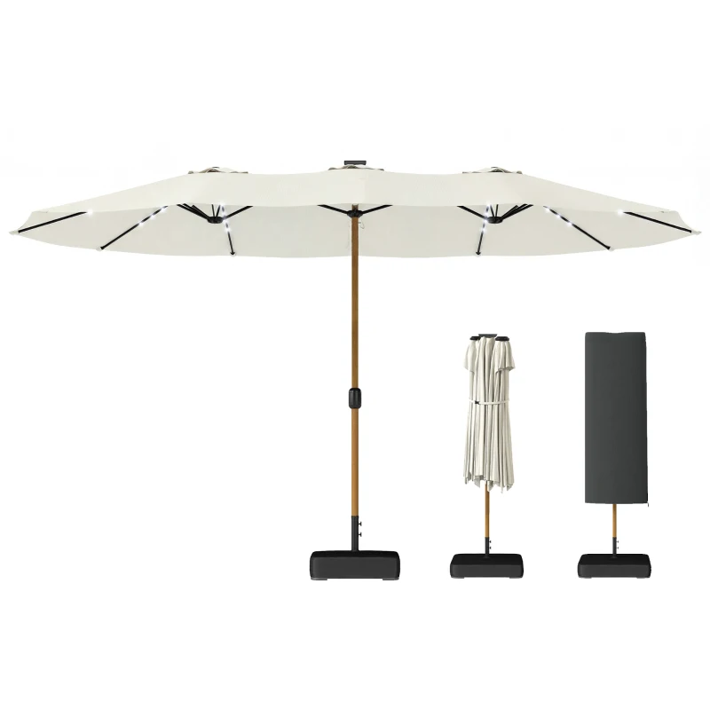 Outsunny Double Sided Garden Parasol with Base Included & 48 Solar LED Lights Patio Umbrella Crank Handle 4.6m Cream White