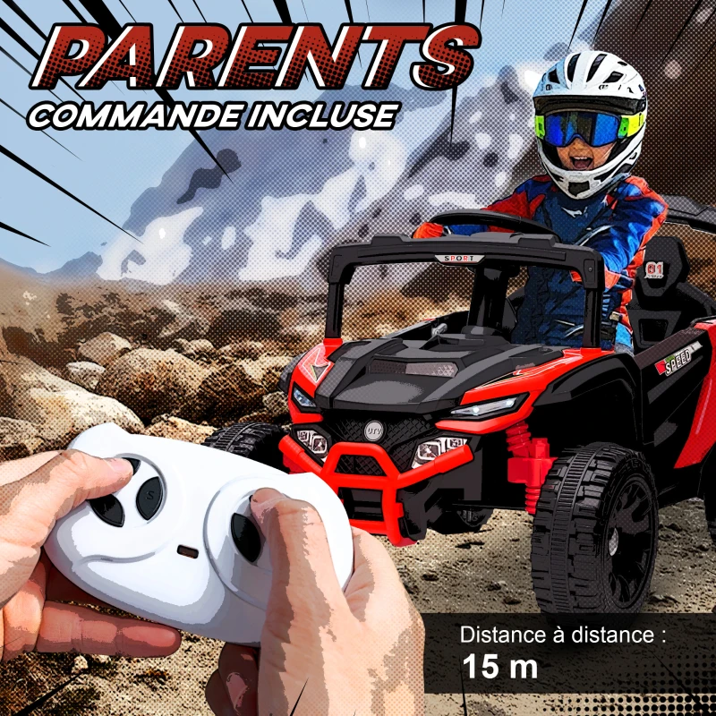 AIYAPLAY Voiture électrique enfant UTV, buggy électrique enfant 12V 2 moteurs, télécommande, LED, musique, klaxon, 3-8 ans, rouge