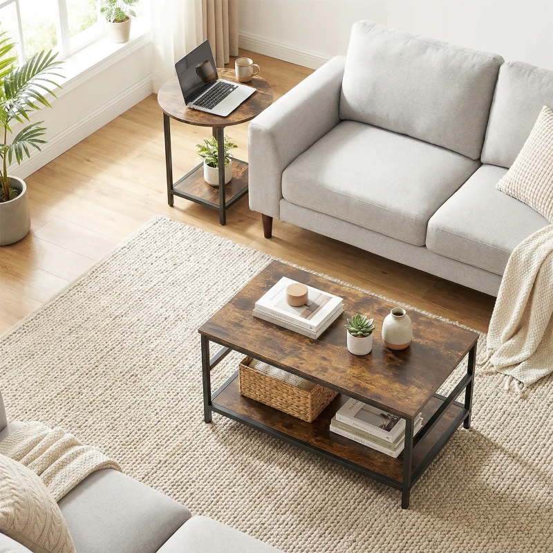 HOMCOM Couchtisch-Set, 2-teilig, rechteckiger und runder Tisch mit 2-stufigem Stauraum, für Wohnzimmer, Rustikal-Braun