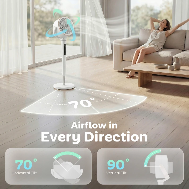 HOMCOM 20dB Silent Standing Fan, 70°+90° Auto Oscillating Fan with 12 Speeds, LED Light, Air Circulator, Remote Control, 12H Timer, for Bedroom, 46 Inch, White