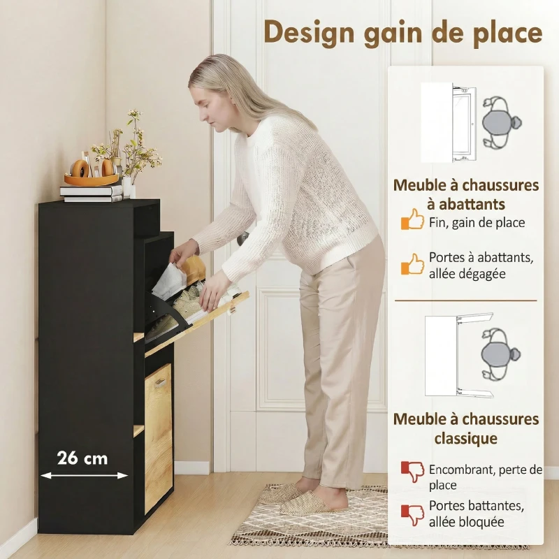 HOMCOM Meuble à chaussures 8 paires, armoire à chaussures étroite avec 2 tiroirs rabattables, 3 compartiments ouverts, noir