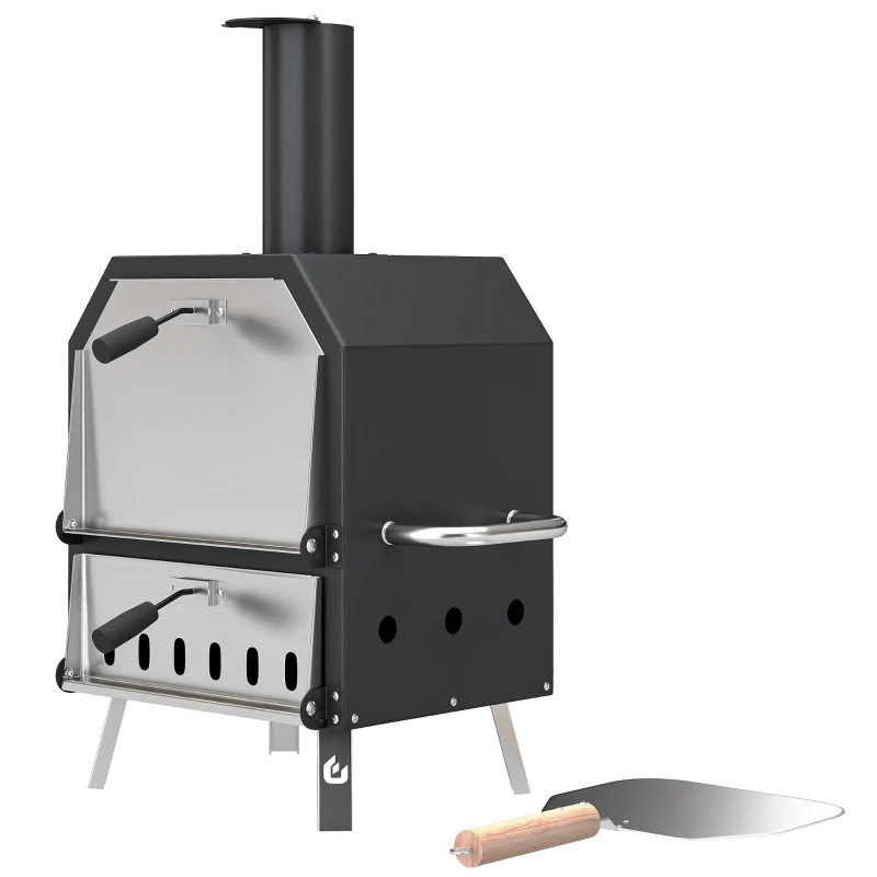 Outsunny Outdoor Pizzaofen Holzbefeuerter Pizza Ofen Edelstahl 2 Ebene Backofen mit 1cm dick Pizzastein Klappbein