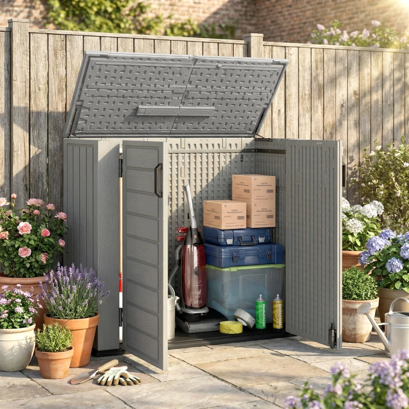 Outsunny Cobertizo de Jardín de HDPE 940L con Tapa Abatible 2 Puertas Cerradura Cobertizo de Jardín 142x67x119 cm Gris Claro