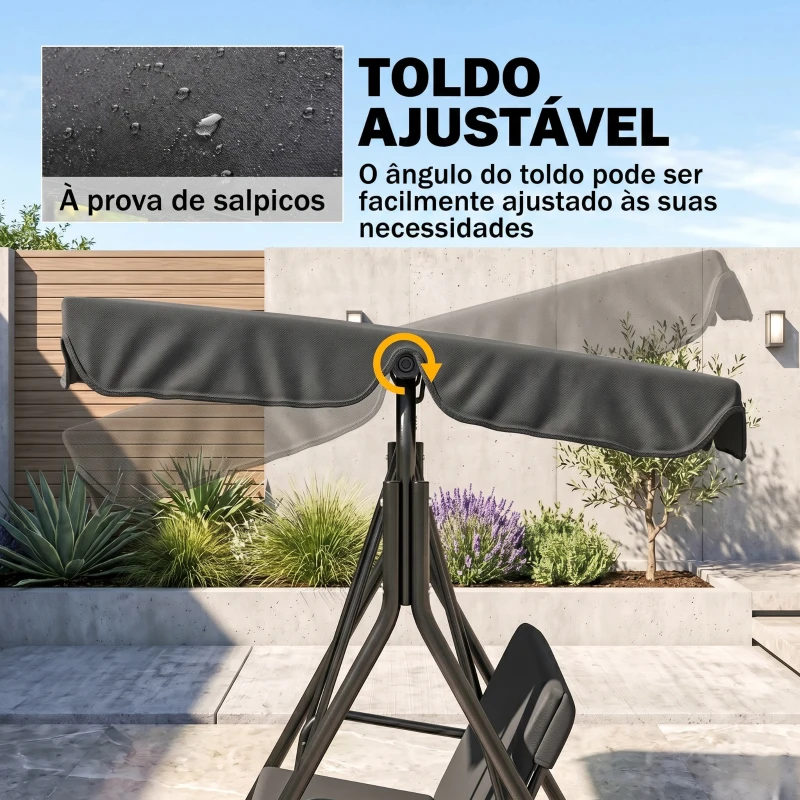 Outsunny Baloiço de Jardim de 3 Lugares com Almofada Toldo Ajustável e Estrutura de Aço para Balcão Terraço 172x110x153 cm Preto