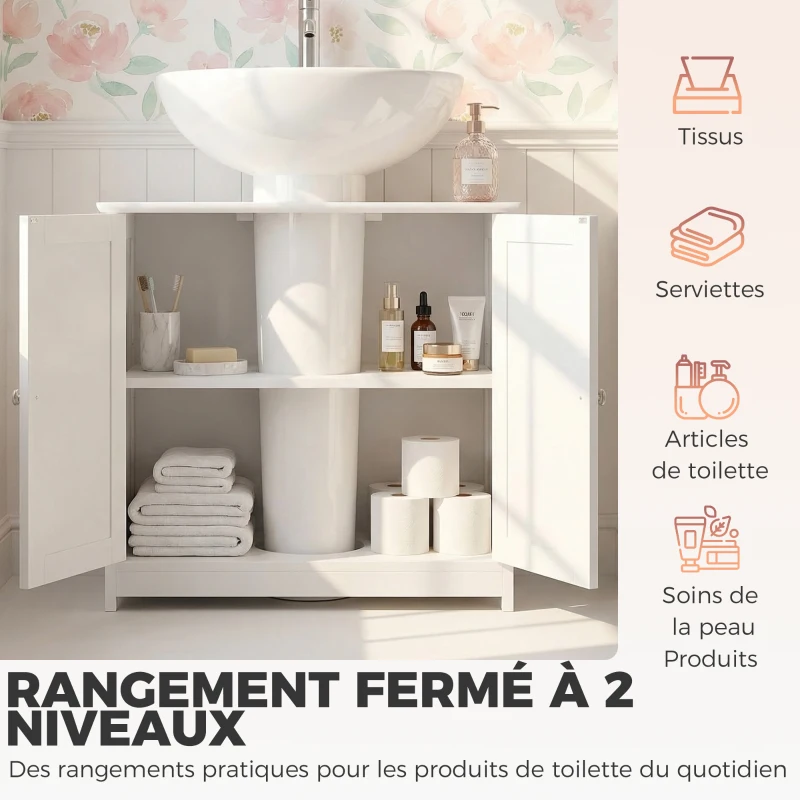 kleankin Meuble salle de bain sous lavabo - meuble sous-vasque - placard 2 portes avec étagère - dim. 60L x 30l x 60H cm - en bois blanc