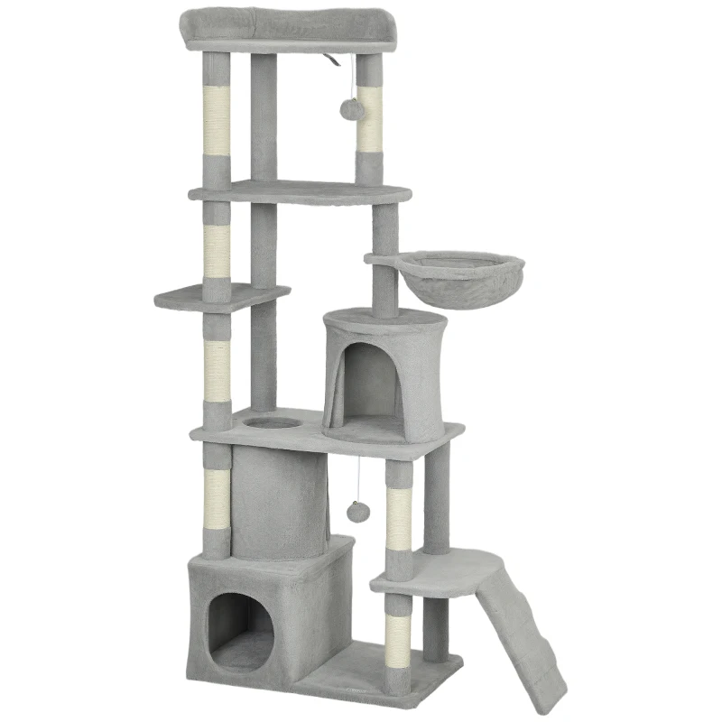 PawHut Arbre à chat tour de jeux 7 poteaux à griffer 3 platesformes 2 niches tunnel hamac et 2 pompons 170 cm gris foncé