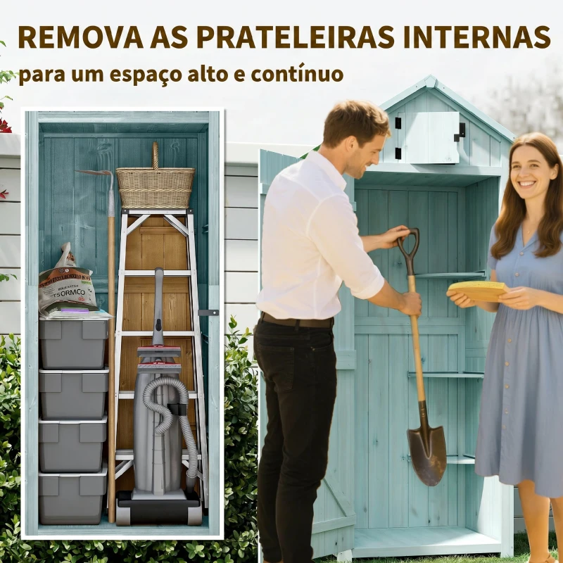 Outsunny Armário de Jardim de Madeira 77x54,2x179 cm 0,3 m² Armário de Armazenamento com 3 Prateleiras e 2 Portas Azul Claro