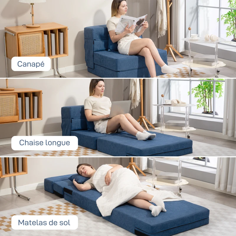 HOMCOM Fauteuil convertible 1 place fauteuil lit pliant, coussin inclus, pour invités, salon, petit espace, charge 120 kg, bleu