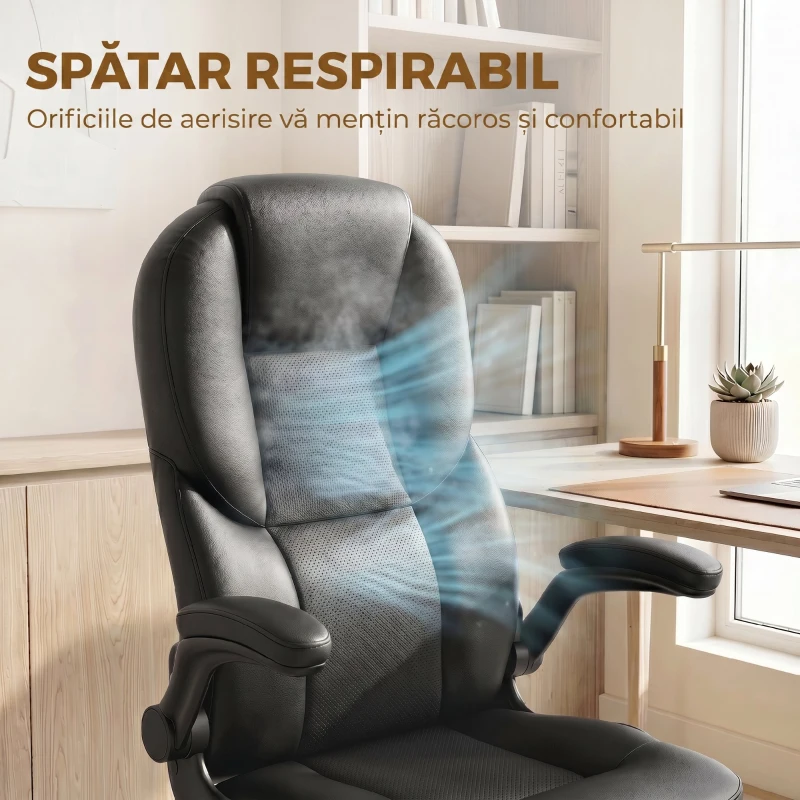 HOMCOM Scaun de Birou Rotativ, Funcție de Balansare, Suporturi Rabatabile pentru Brațe, Spătar Înalt, Înălțime Reglabilă, Negru