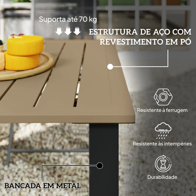Outsunny Mesa de Jardim Retangular 150x90x73 cm com Pés de Aço Orifício para Chapéu de Sol e Desenho em Ripas Marrom Claro