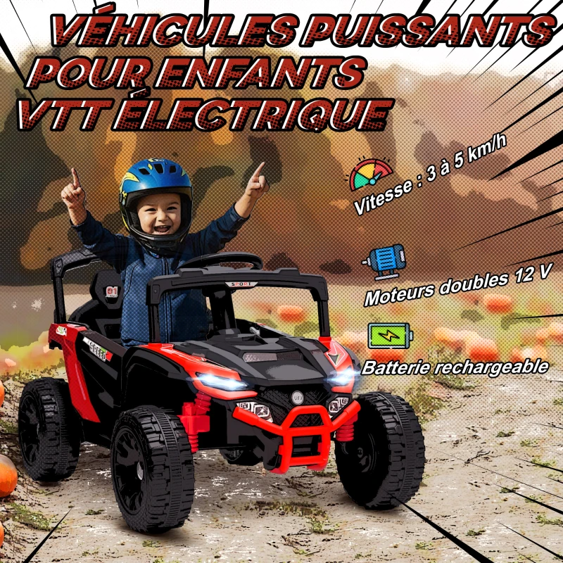 AIYAPLAY Voiture électrique enfant UTV, buggy électrique enfant 12V 2 moteurs, télécommande, LED, musique, klaxon, 3-8 ans, rouge