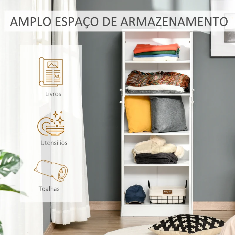 HOMCOM Armário de Arrumação Armário Multiusos com 5 Prateleiras Ajustáveis Móvel Auxiliar para Cozinha Sala Dormitório 59x31x155 cm Branco