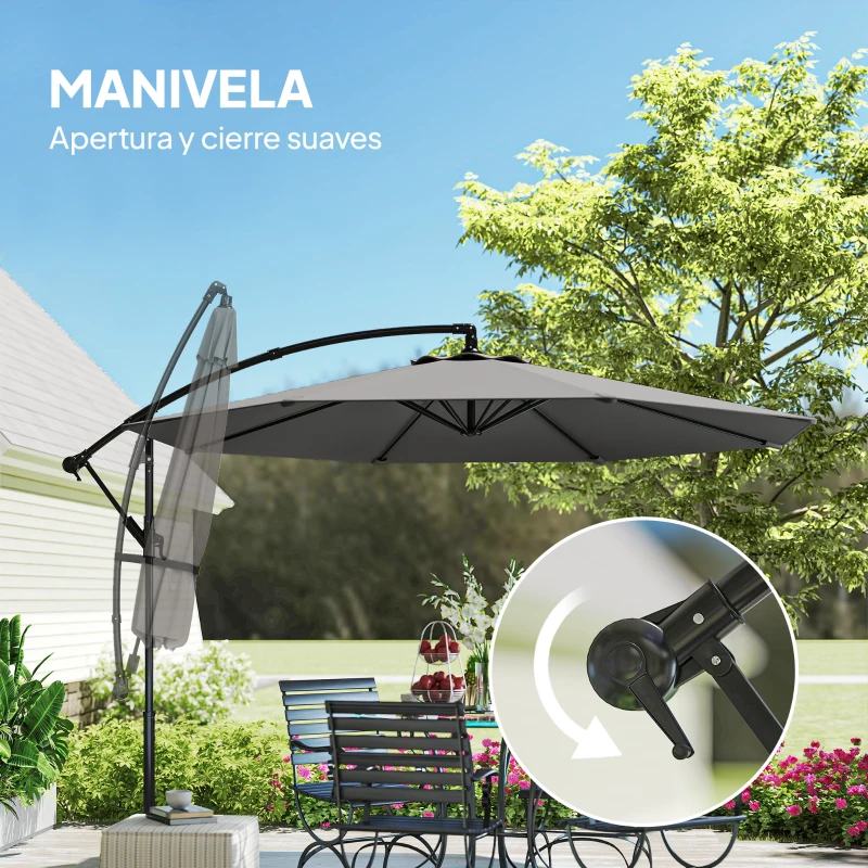 Outsunny Parasol Excéntrico Ø300 cm con Base Cruzada Toldo Ajustable y Manivela UPF30+ para Terraza Patio Gris