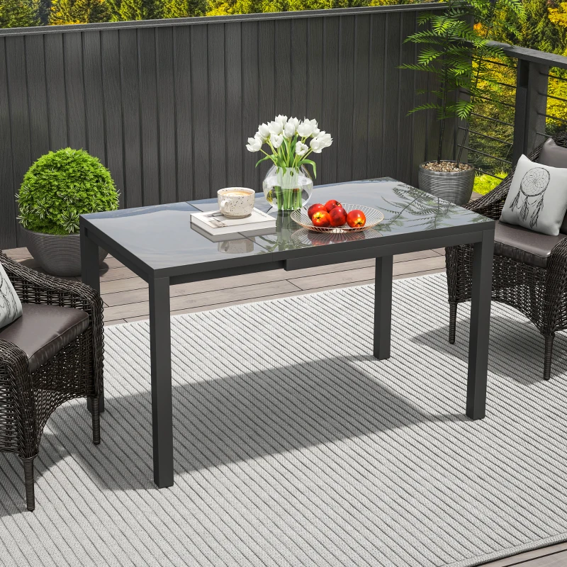 Outsunny Masă de Grădină Extensibilă 85/125 x 70 x 73 cm, Masă de Dining pentru 4-6 Persoane, Dreptunghiulară, din Aluminiu cu Blat din Sticlă, Pentru Patio Terasă Balcon Exterior, Gri Închis
